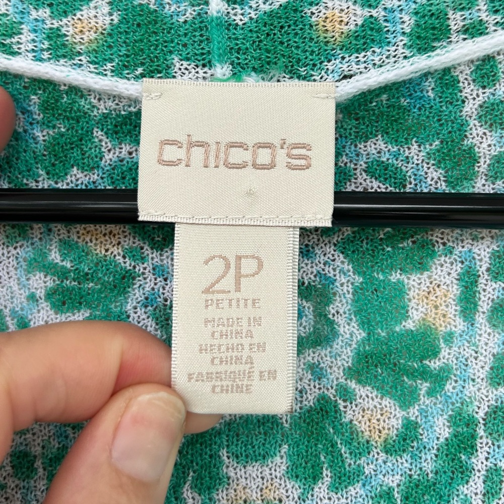 Chico's Teal & White Printed Open Cardigan with Striped Tee - Picture 4 of 8